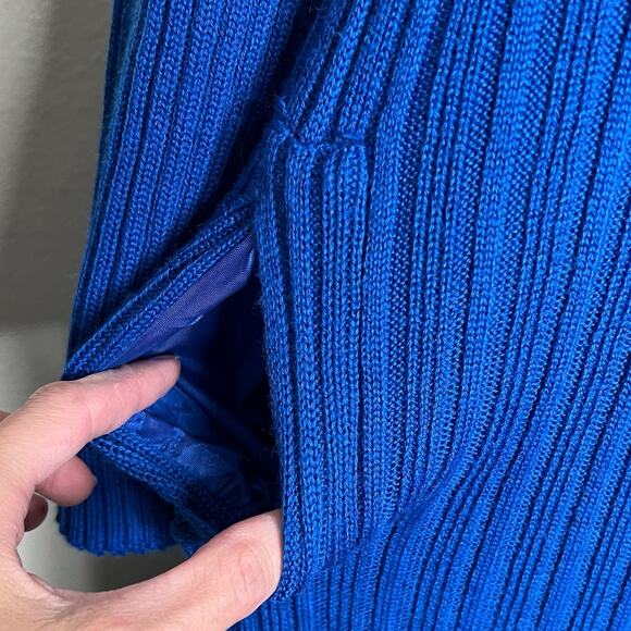 Maria Scotto Wool Blend Robe Sweater Dress MED Blue Midi Rib Knit Lettuce Trim - Picture 5 of 10